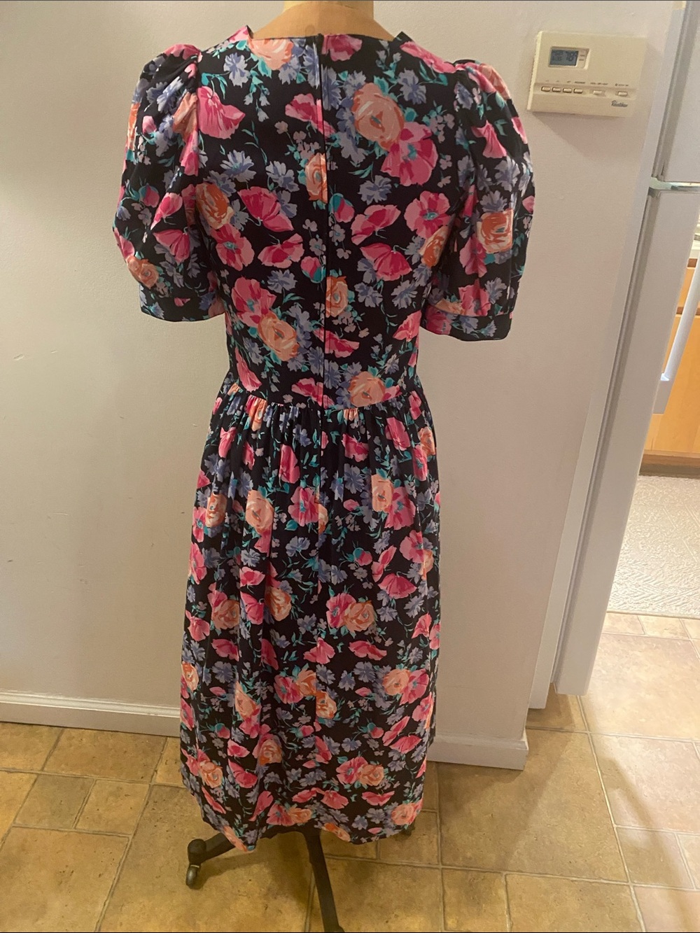 Laura Ashley vintage puff-Sleeve Midi Dress - Black with Pink & Peach Blossoms - Picture 4 of 6
